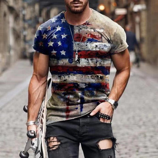 Vintage USA Flag Print O-Neck T Shirt Mens Summer Slim Short Sleeve Tees Pullover Casual Men Clothes Fashion Streetwear 3XL - ZOHOR