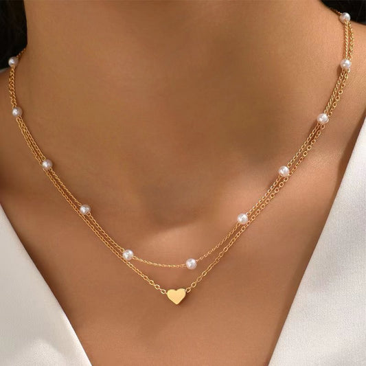 Special-interest Design Double Layer Twin Pearl Heart Necklace - ZOHOR