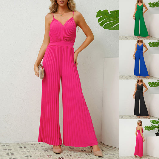 V-neck Suspender Pleated Jumpsuit Solid Color Loose Straight Pants Womens Clothing